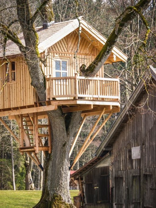 Beautiful well-structured treehouse with porch and windows