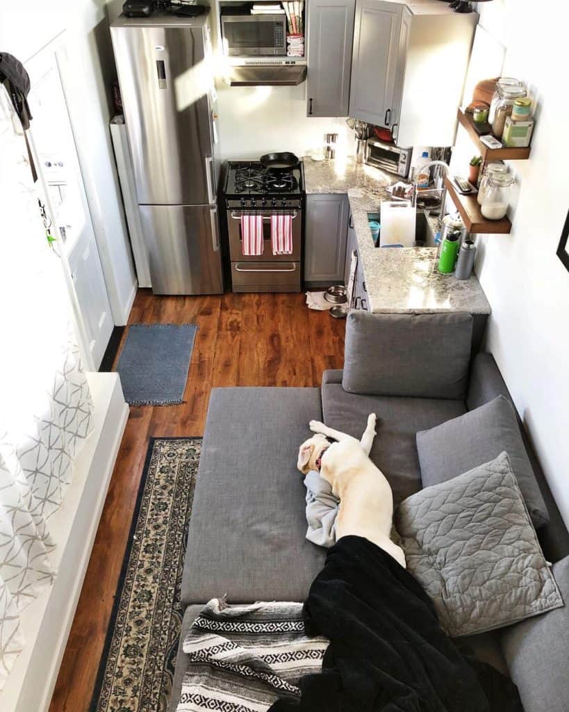 tiny house L-shaped kitchen with dog