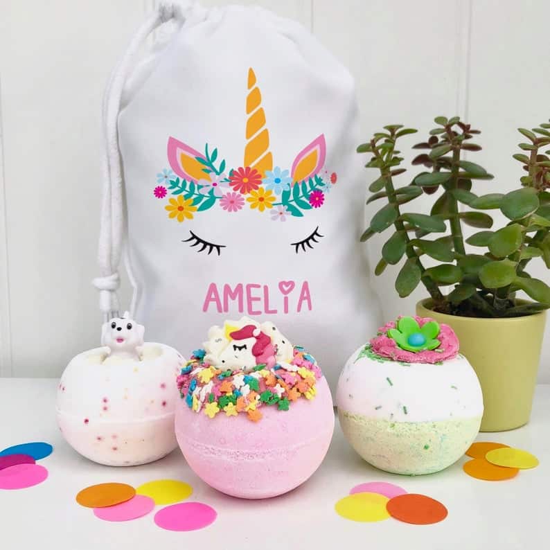 Personalised Unicorn Bath Bomb Set Handmade Bath Bombs in Unicorn Gift Bag Bath and Beauty