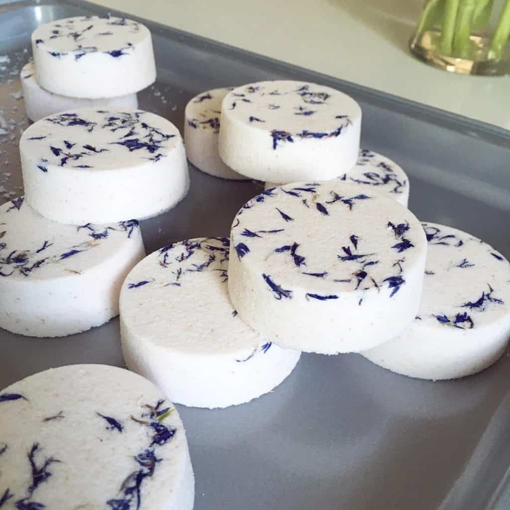 bath bombs made with pink Himalayan salt, coconut oil, and scented with pure eucalyptus and lavender essential oils