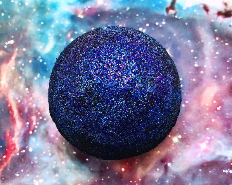 Black Galaxy Bath Bomb - Lavender, Ylang-Ylang, & Tonka Bean - black bath with holo glitter