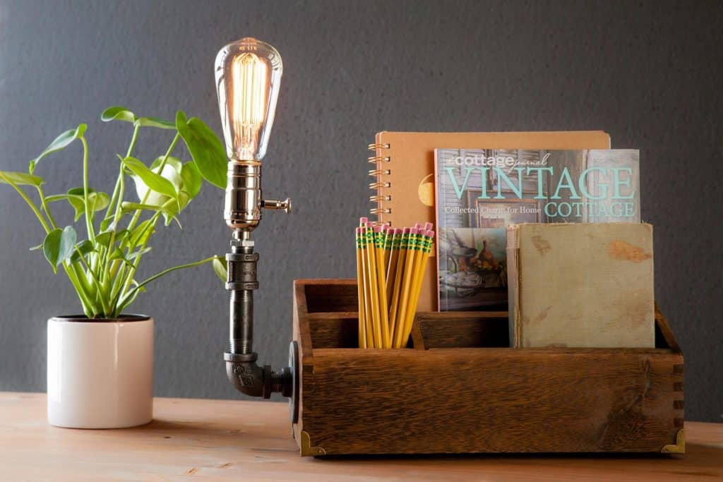 Rustic Desk Organizer lamp, Rustic home decor, Steampunk Lamp, Table Lamp, Edison Light Vintage Light Pipe Lamp, Bedside Lamp Rustic Lighting