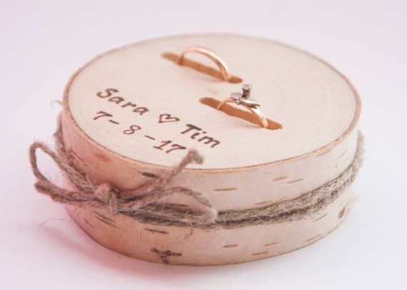 Rustic ring bearer pillow, wedding wood slice, rustic ring box, birch wedding decoration