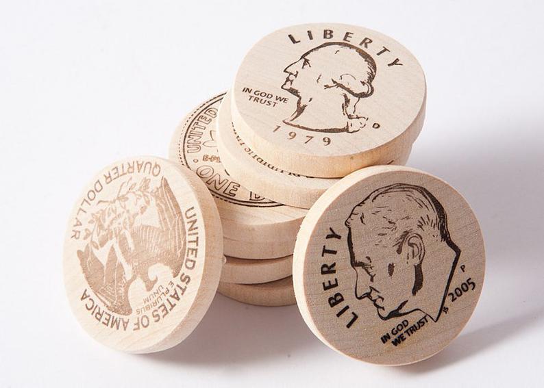 Wooden money coins, play money, American cents, math game, wooden toys, eco friendly toys