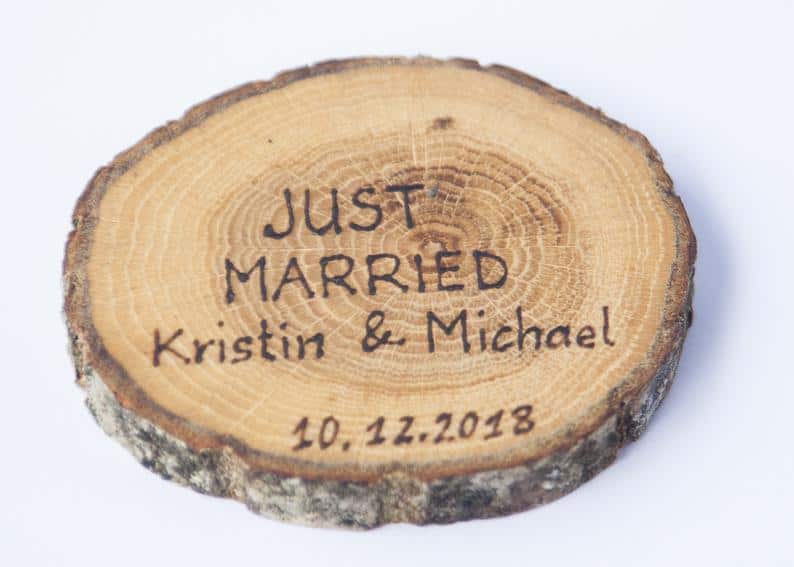 10 oak wood coasters 3"- 4" , rustic wedding decors, wedding coasters, rustic wedding favors, JUST MARRIED coasters