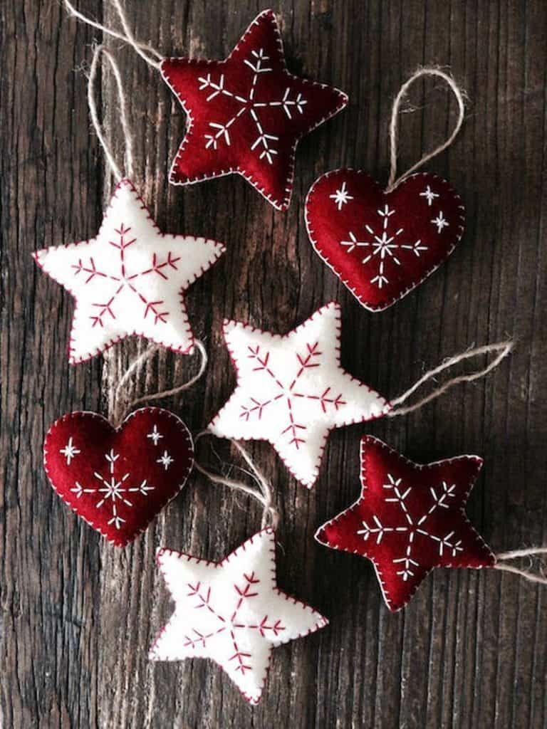 7 Mixed Red and White Nordic Scandi Style Christmas Decorations, Hearts, Stars, Christmas Decorations, Ornaments, Stuffed Felt Decorations