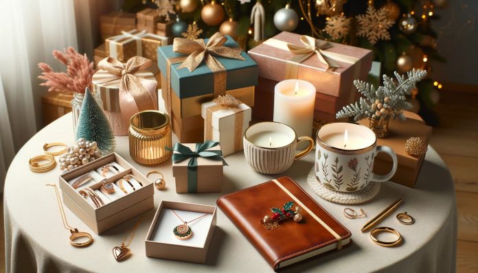 Christmas gift ideas for her, an elegantly set table with various Christmas gifts for her. Items include jewelry boxes, scented candles, handcrafted mugs