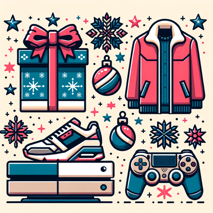 top gifts for him, including a sneaker, gaming console, and a stylish jacket, with snowflakes an