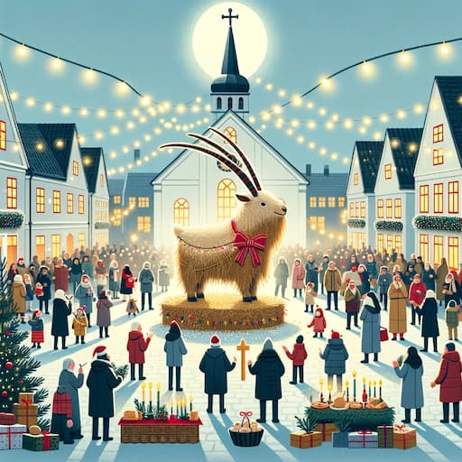 A Scandinavian town square during Christmas time, a large Christmas goat of straw